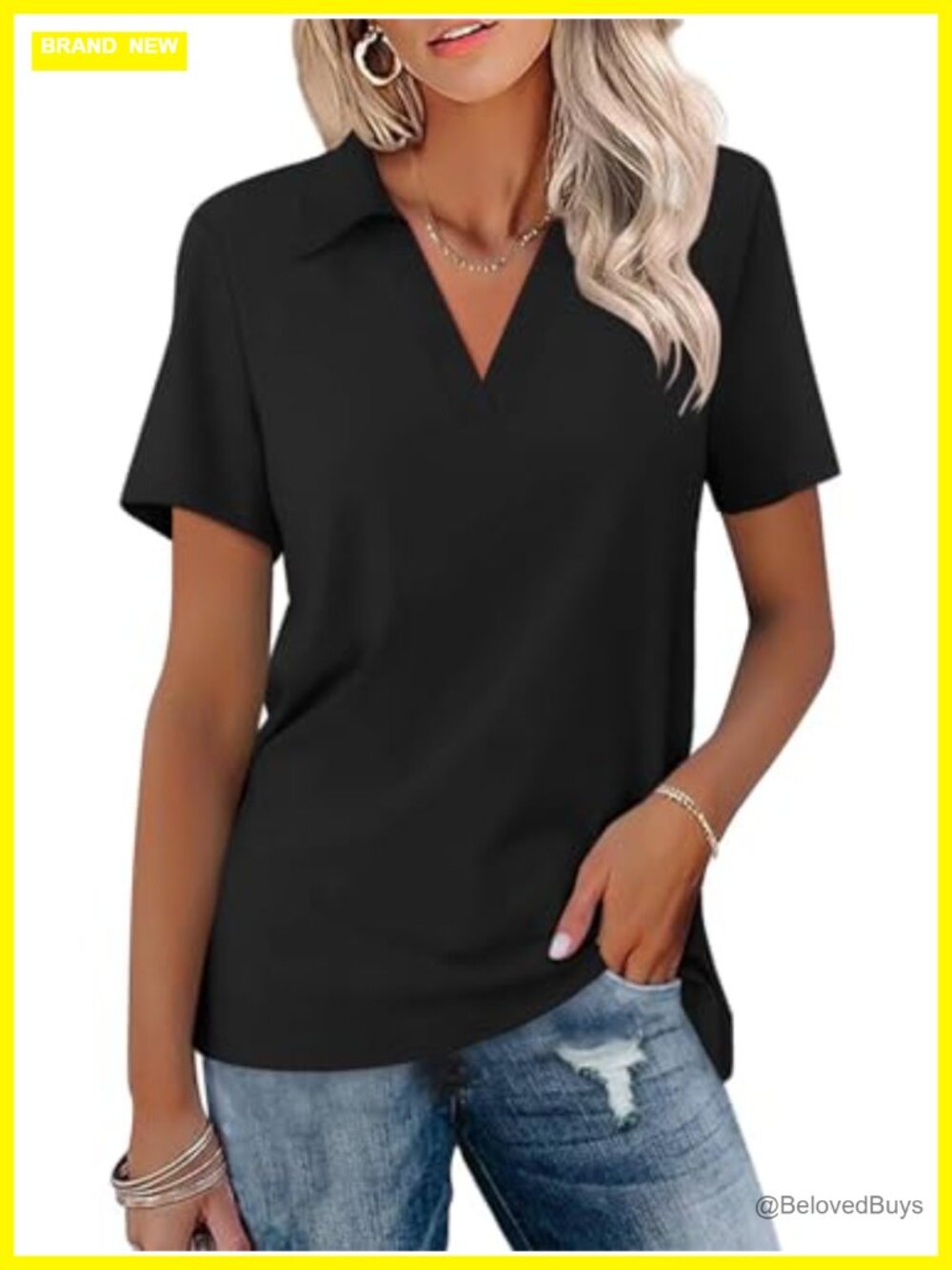 Womens Short Sleeve V Neck Polo Shirt Collared Summer Top